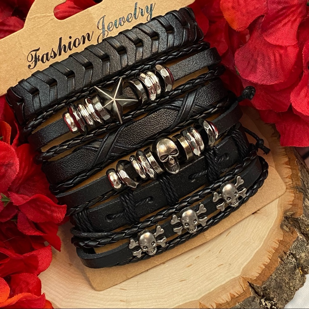 6 Pcs Set Punk Rock Skull Braided Leather Rope Bracelets - Picture 12 of 15